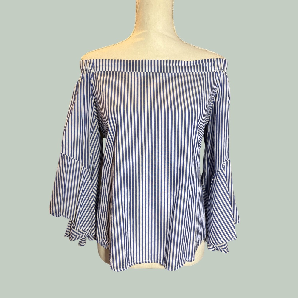 Heart and Soul Nautical Preppy Striped Off Shoulder Bell Sleeve 100%‎ Cotton Top